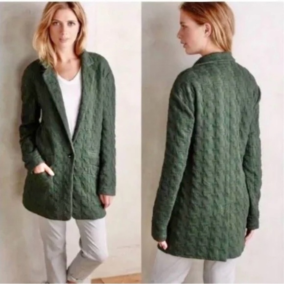 Cartonnier at Anthropologie Green Extended Houndstooth Textured Knit Blazer US M - Picture 2 of 9